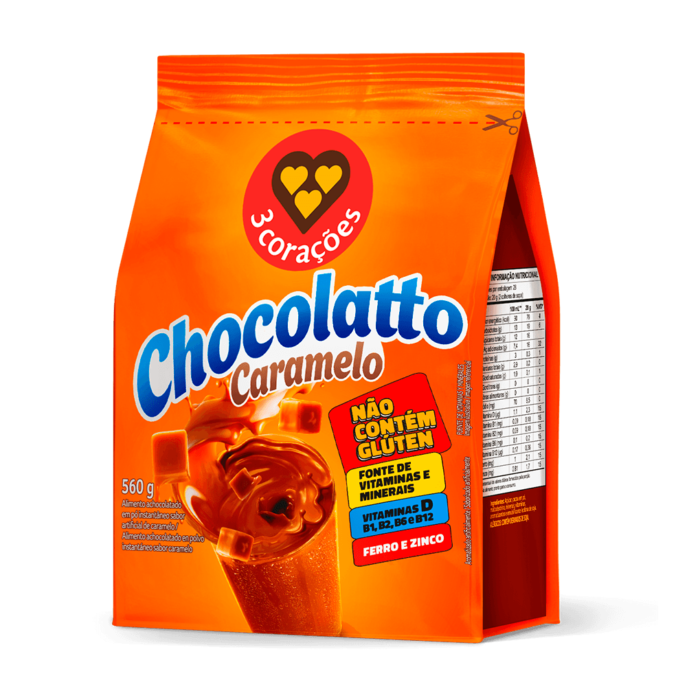 チョコレート Achocolatado Chocolatto Caramelo 3 Corações Refil Pacote 560g